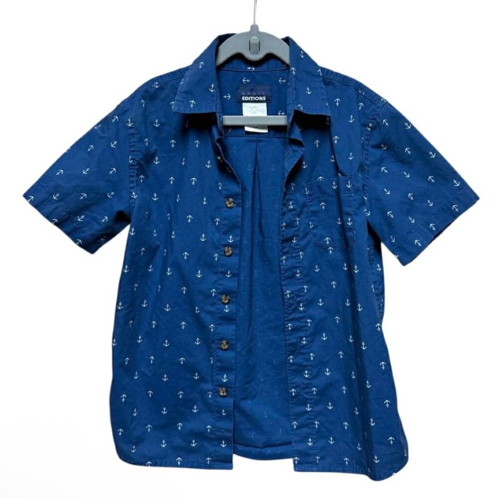 🔴 Kids Basic Editions Button Up Anchor Shirt Sz M (8)